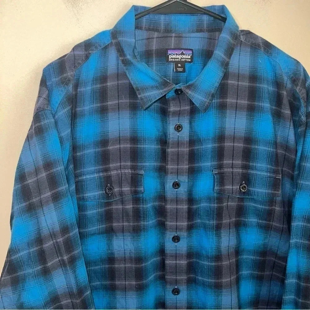 PATAGONIA Mens Fjord Flannel Blue Plaid Long Sleeve Organic Cotton Size XL - Picture 3 of 4